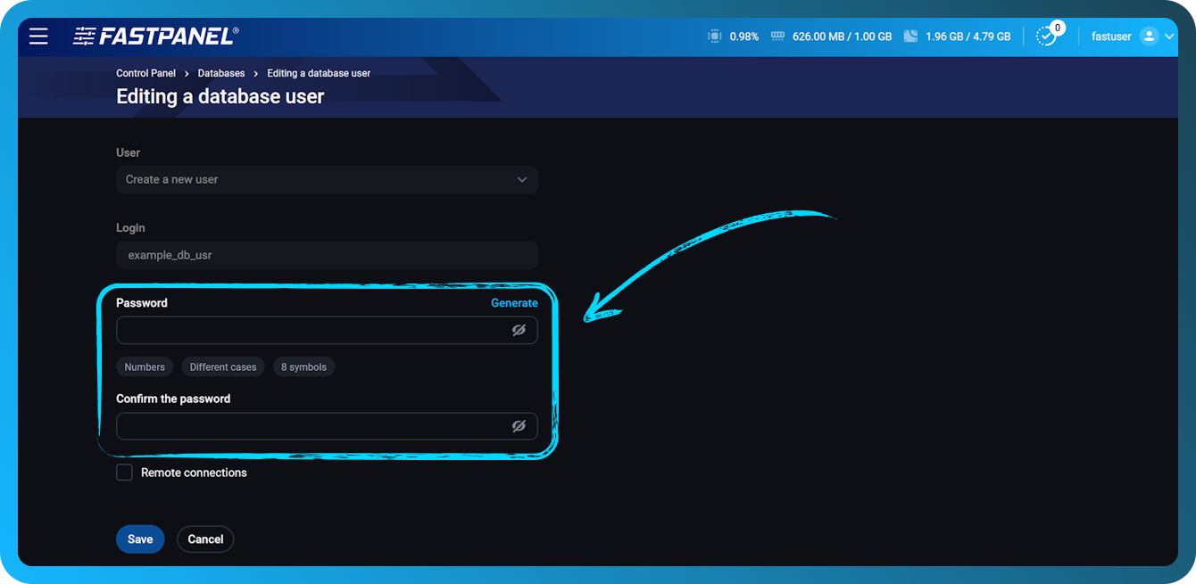 Cambiar la contraseña de la base de datos en FASTPANEL