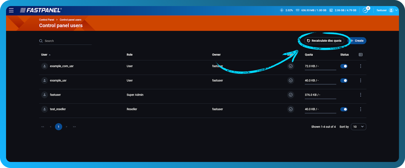 Cómo recalcular la cuota en FASTPANEL