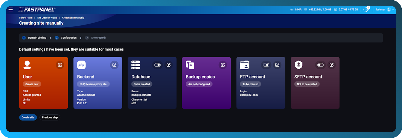 Configuración del nuevo sitio en FASTPANEL