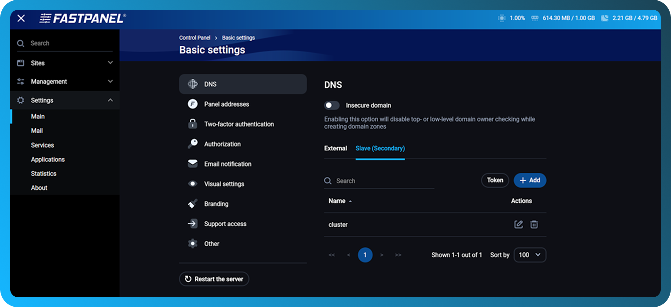 Másodlagos DNS-kiszolgáló lap a FASTPANEL-ben