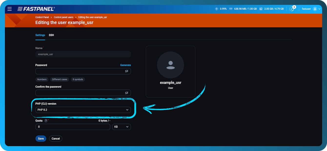 PHP CLI verzió módosítása a FASTPANEL-ben