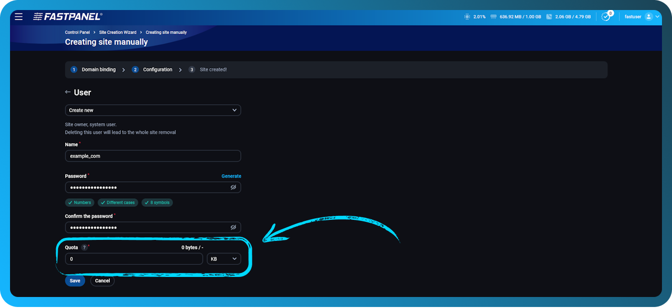 Kvóta beállítása új felhasználóhoz az oldal létrehozási varázslóján keresztül a FASTPANEL-ben