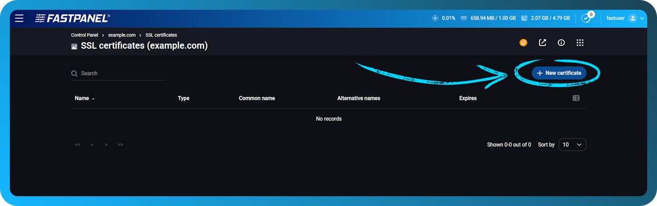 Új tanúsítvány hozzáadása a FASTPANEL-ben