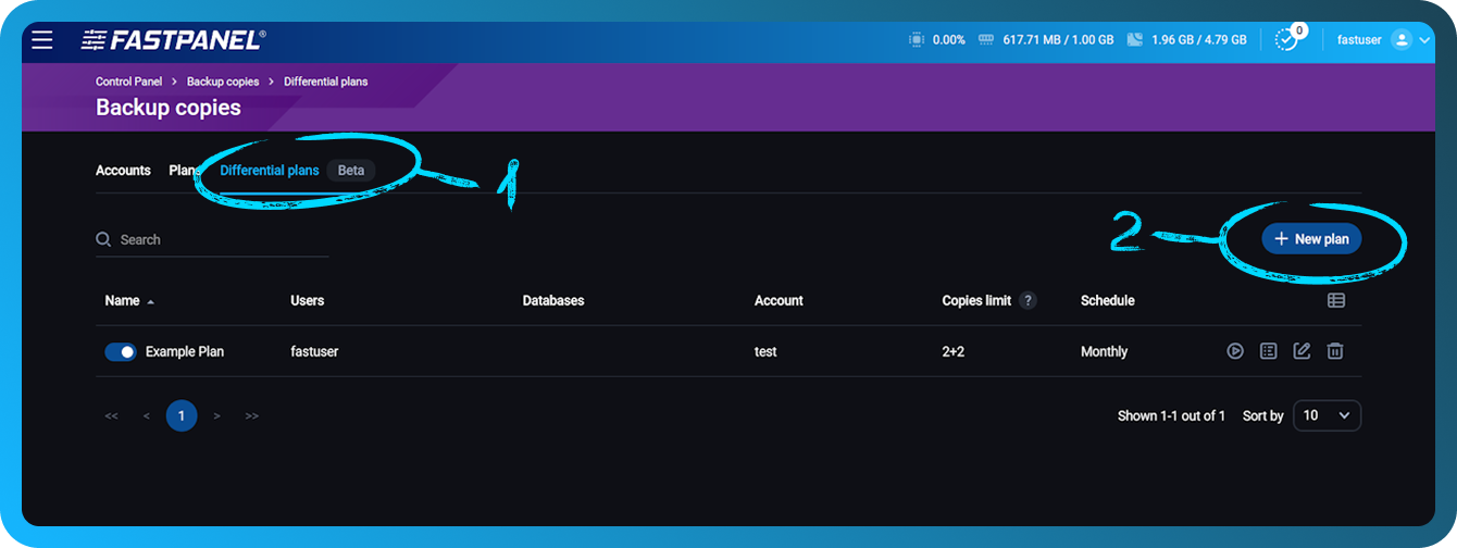 Tambahkan paket backup baru di FASTPANEL