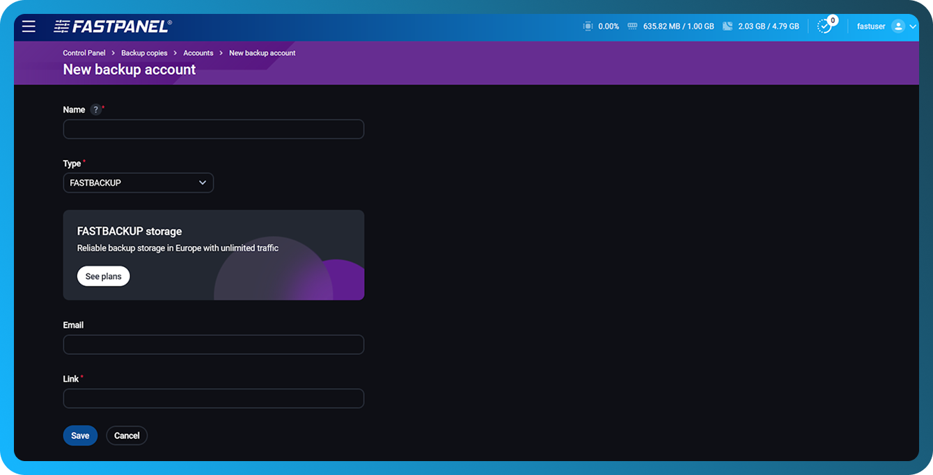 Siapkan akun cadangan baru di FASTPANEL