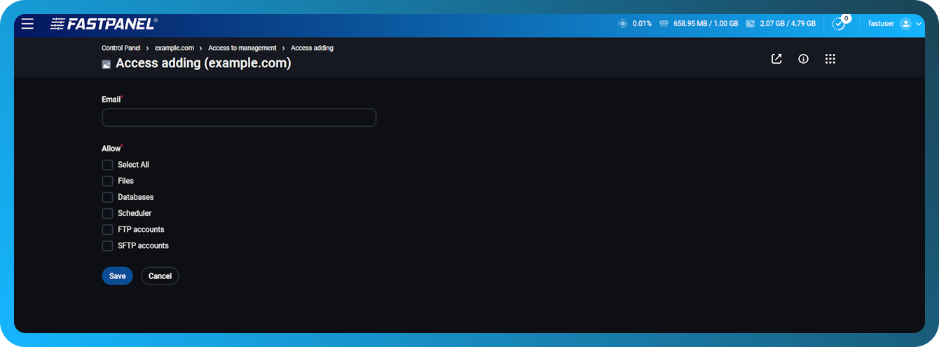 Konfigurasi akses situs di FASTPANEL