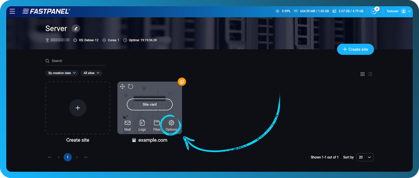 Menu opsi situs web di FASTPANEL