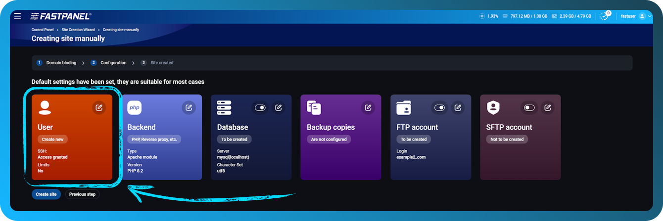 Edit pengaturan pengguna baru di wizard pembuatan situs di FASTPANEL
