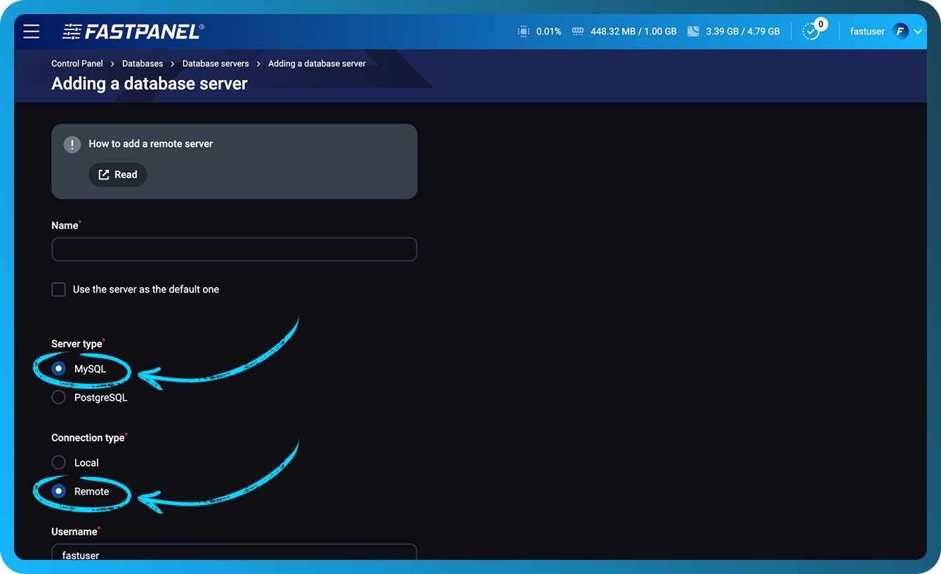 FASTPANEL-ში MySQL სერვერის დამატება