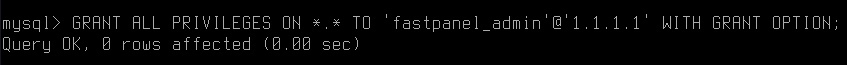 FASTPANEL-ში დისტანციური მომხმარებლისთვის პრივილეგიების მინიჭების MySQL მოთხოვნის მაგალითი