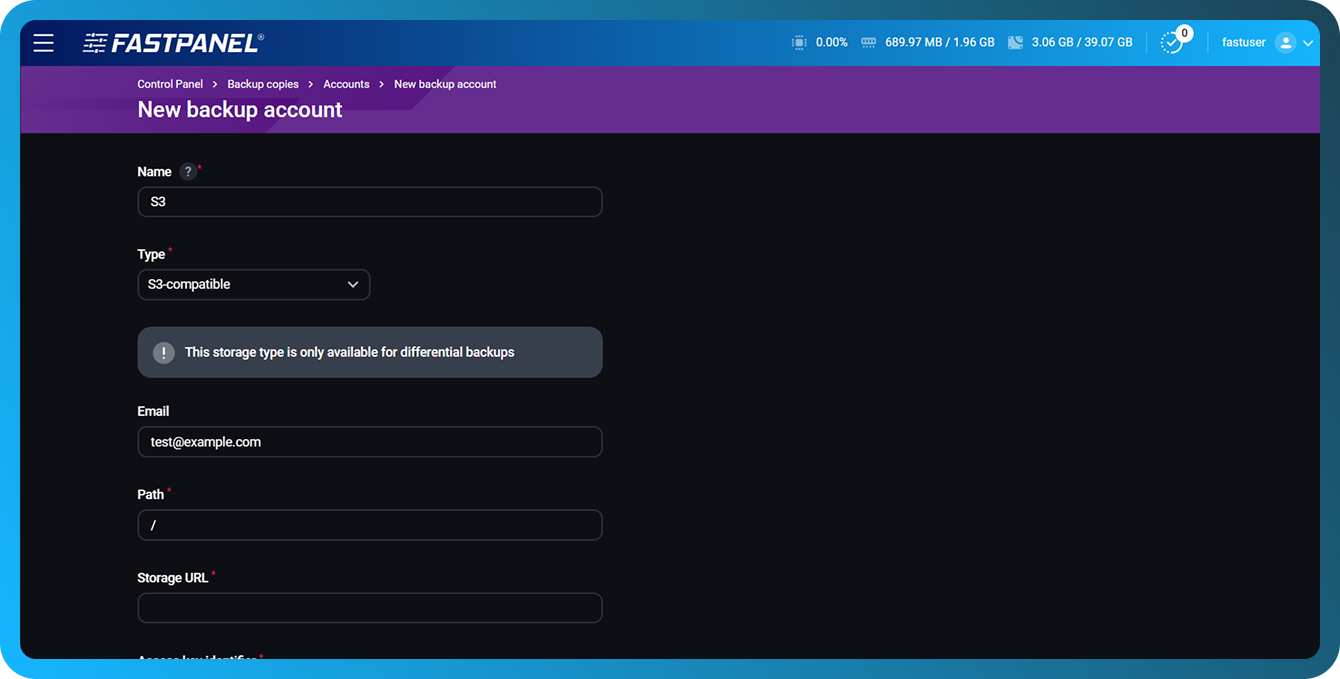 FASTPANEL ішінде S3-үйлесімді сақтық көші рме тіркелгісін баптау