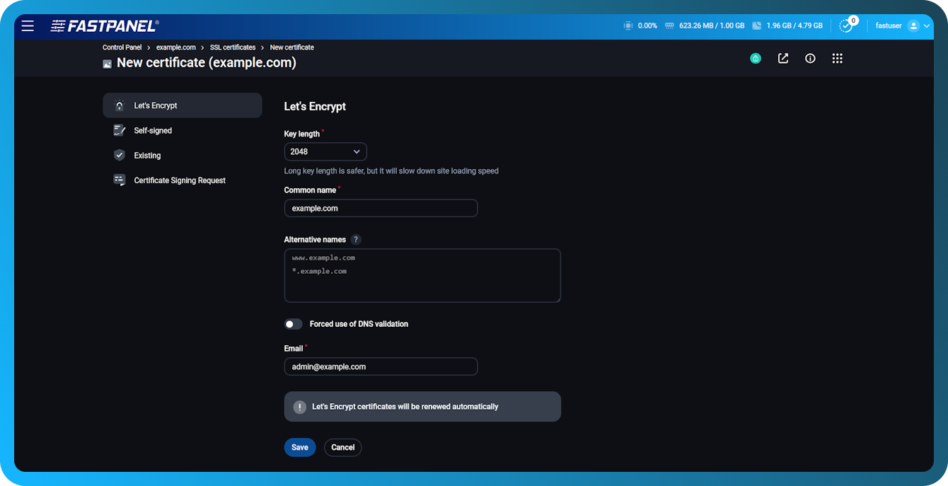FASTPANEL жүйесінде Let's Encrypt сертификатын қалай қосуға болады