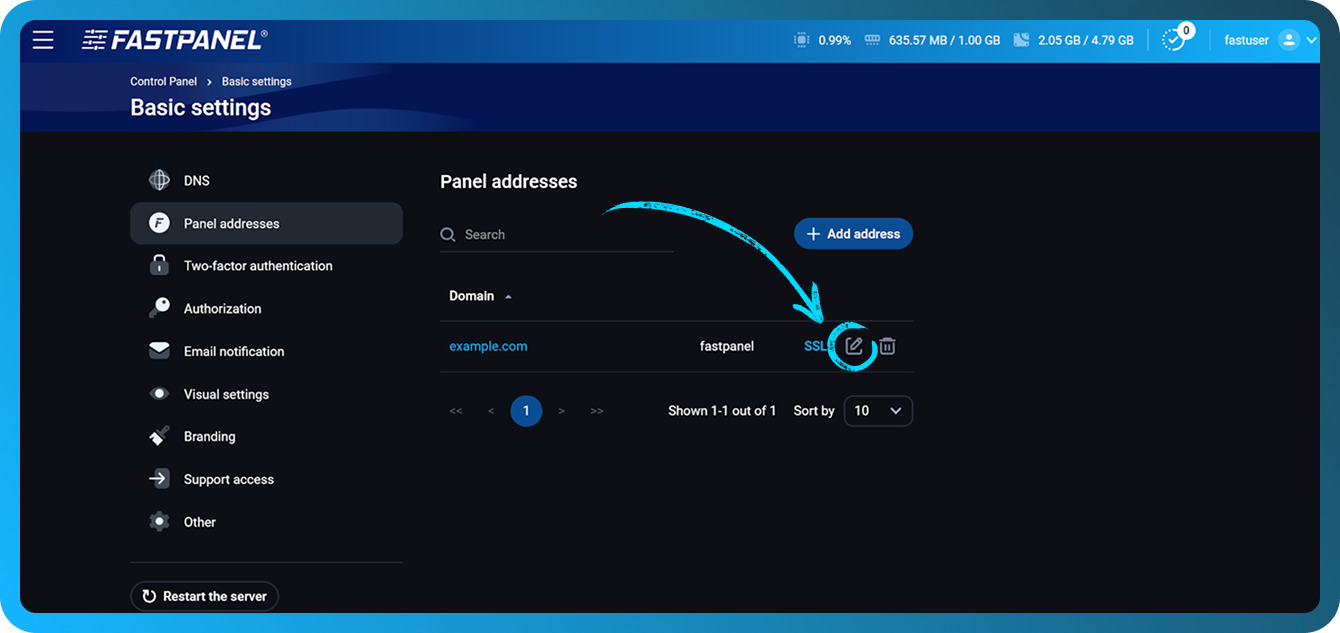 FASTPANEL ішінде тікелей қолжетімділікті баптау
