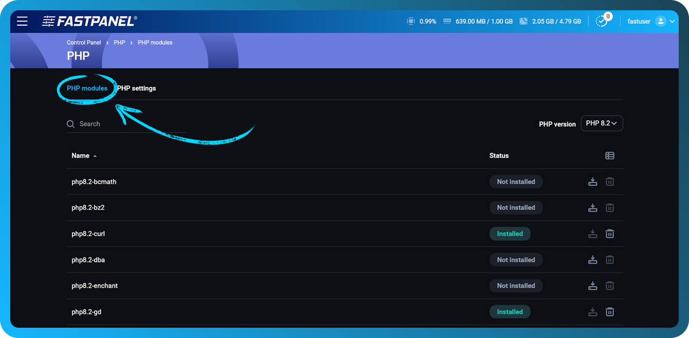 FASTPANEL ішіндегі PHP модульдері