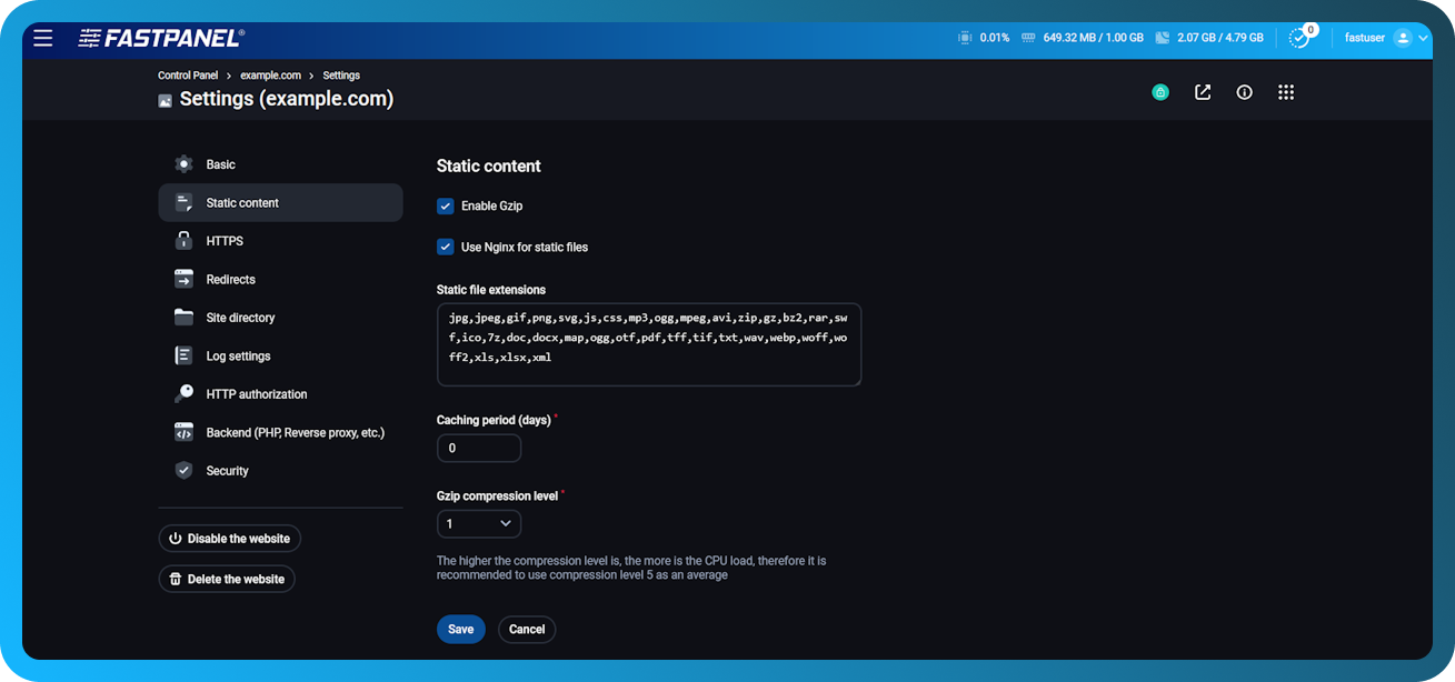 FASTPANEL ішіндегі статикалық файлдар баптаулары