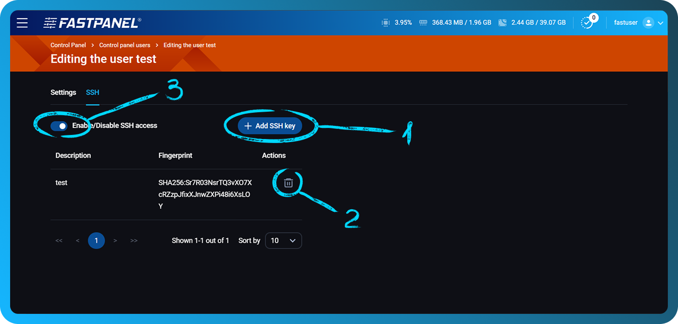 FASTPANEL에 SSH 키를 추가하는 방법