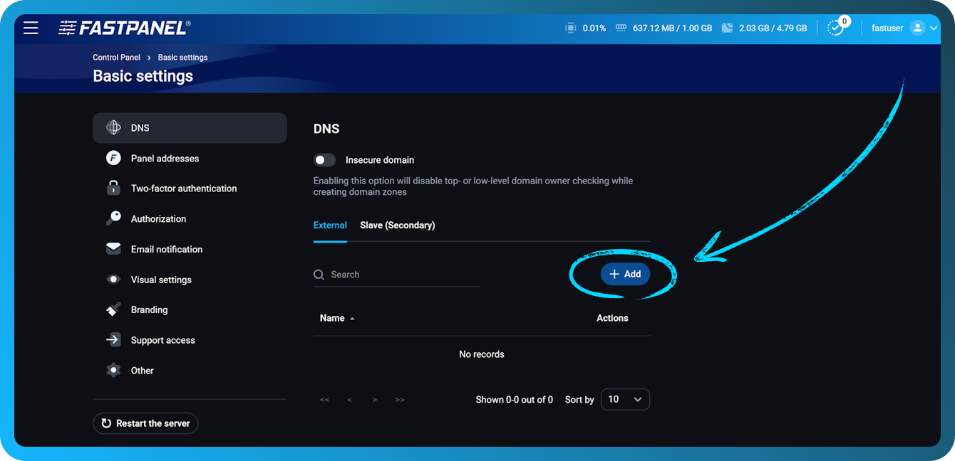 Ārēja DNS servera pievienošana FASTPANEL