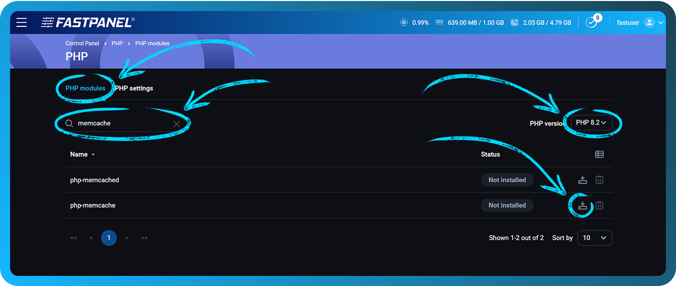 PHP memcached moduļa instalēšana FASTPANEL