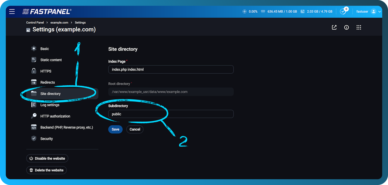De subdirectory public opgeven
