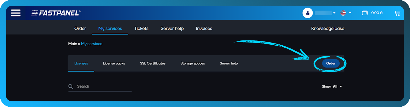 FASTPANEL nieuwe licentiebestelling