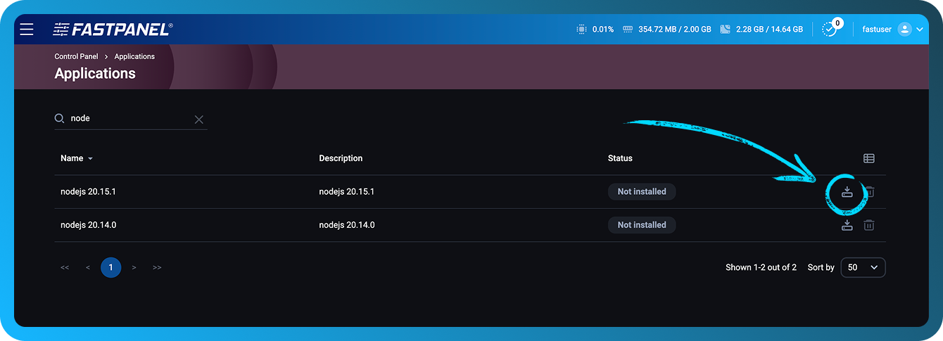 Installer Node.js-versjon i FASTPANEL