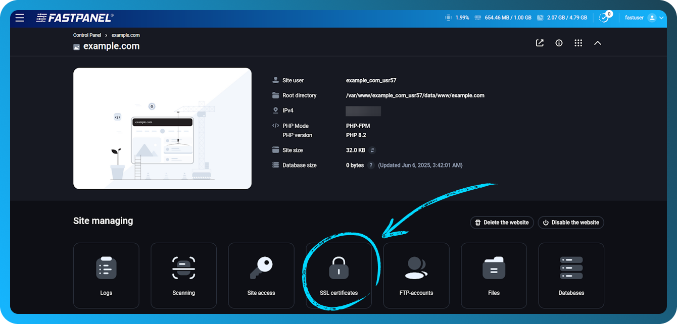 SSL-sertifikatinnstillinger for nettsted i FASTPANEL