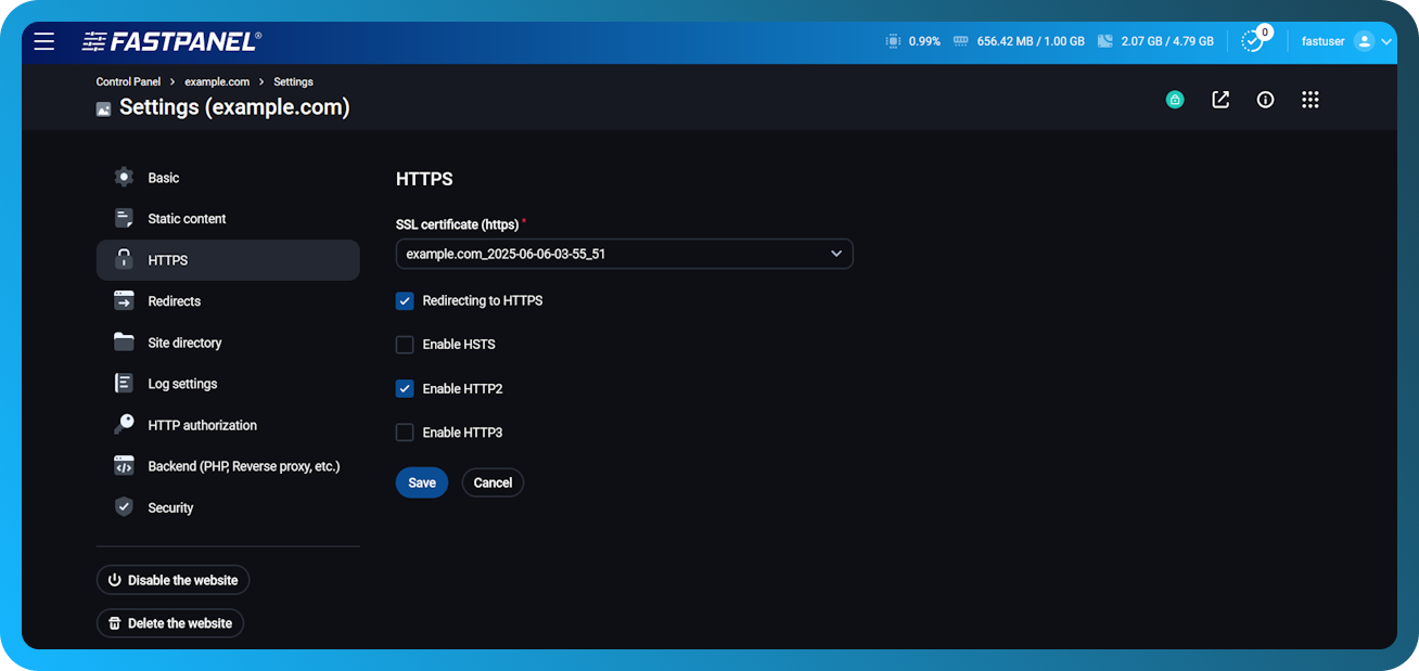 Ustawienia HTTPS w FASTPANEL
