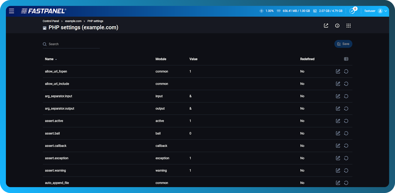 Configuração de variáveis do PHP no FASTPANEL