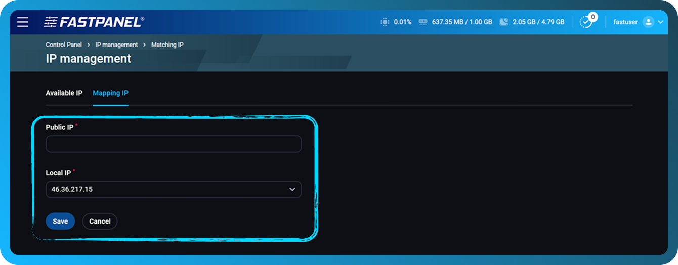 Configurações de IP para FASTPANEL atrás de NAT
