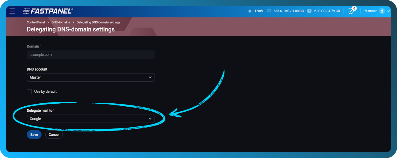 Delegarea unui domeniu de e-mail în FASTPANEL