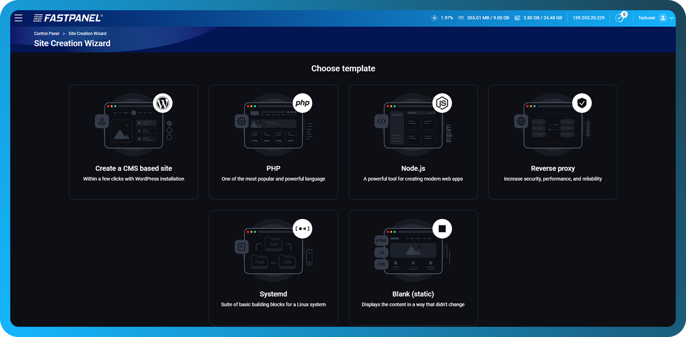 Crearea manuală a unui site în FASTPANEL