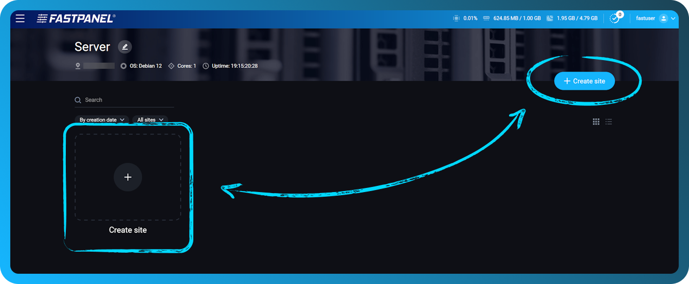 Создание нового веб-сайта в FASTPANEL