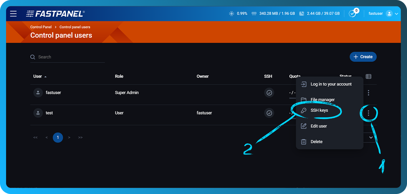 как добавить ssh-ключи в FASTPANEL