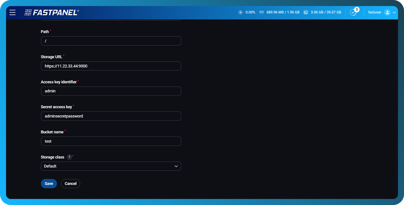 Podešavanje S3-kompatibilnog naloga za rezervne kopije u FASTPANEL-u