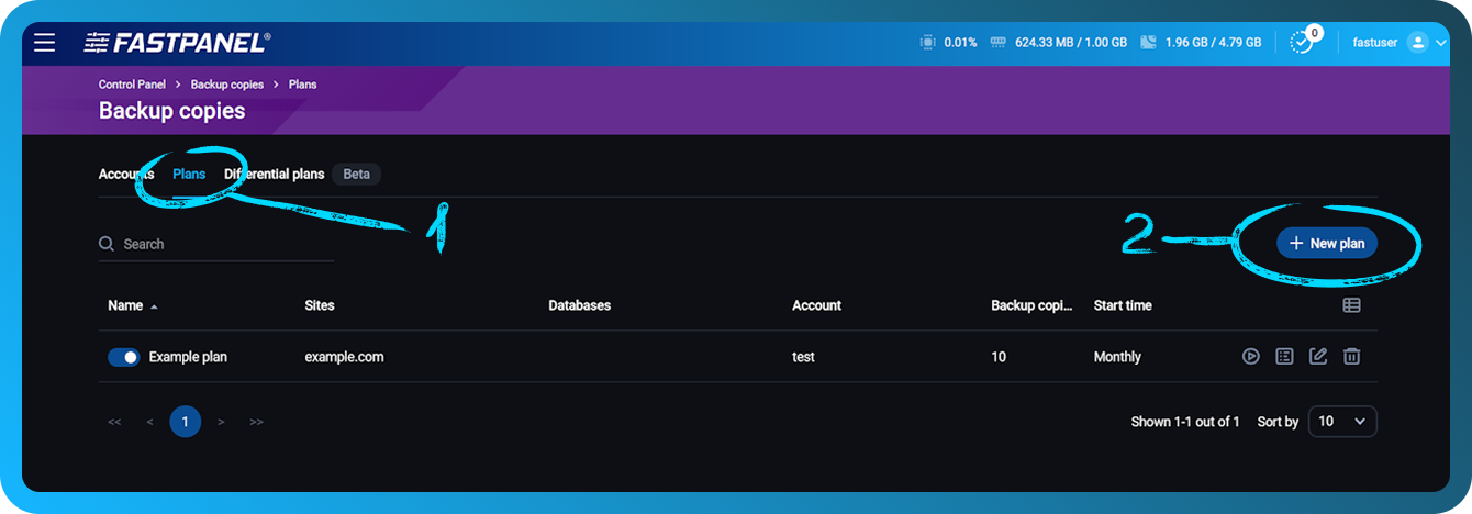 Dodavanje novog plana rezervnih kopija u FASTPANEL