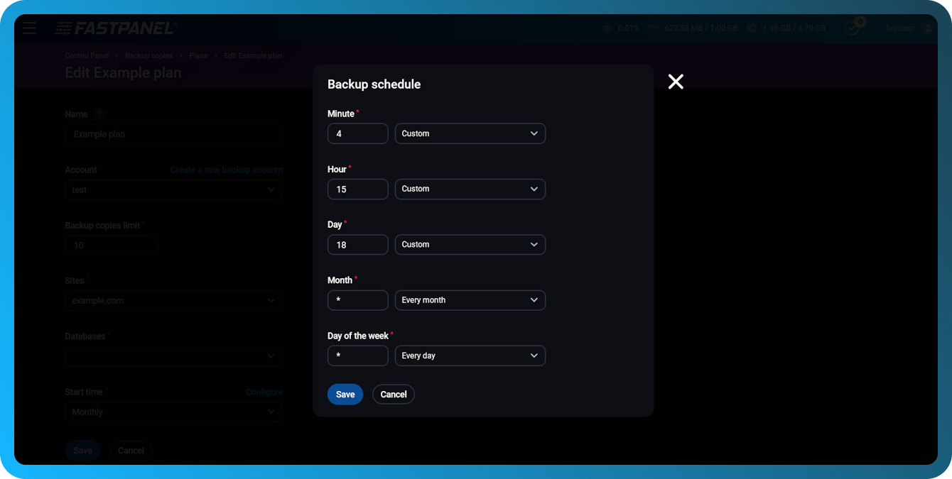 Raspored rezervnih kopija u FASTPANEL-u