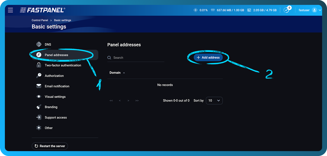 Dodavanje adrese panela u FASTPANEL-u