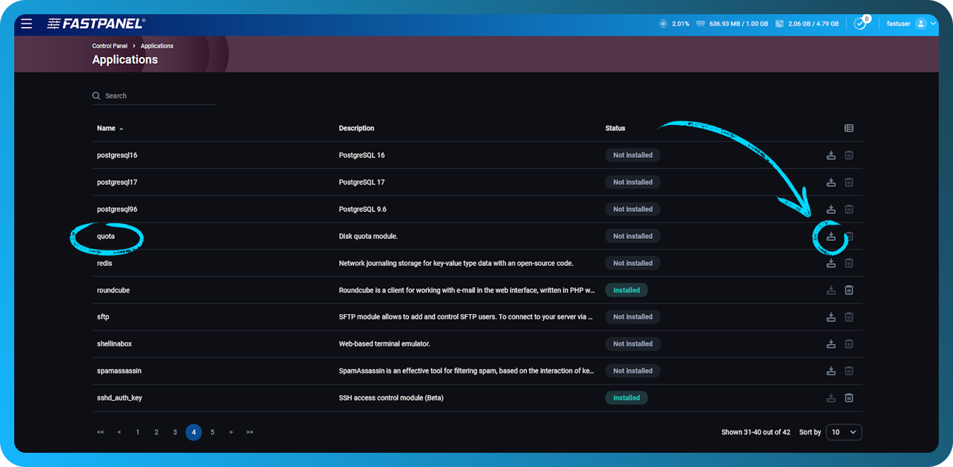 Instaliranje aplikacije Quota u FASTPANEL-u