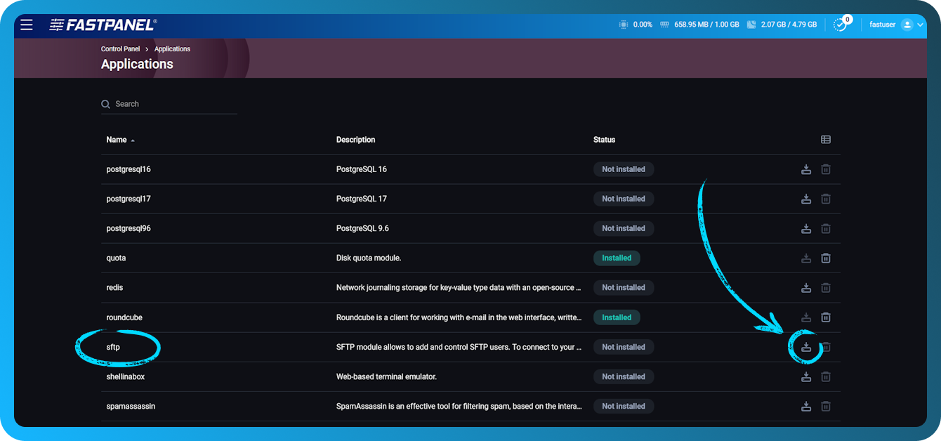 Instaliranje SFTP-a u FASTPANEL-u