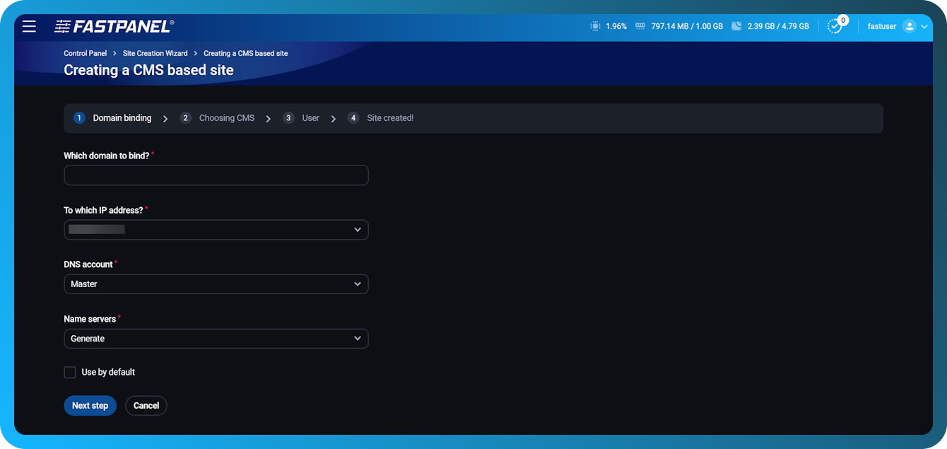 Povezivanje domena u čarobnjaku za kreiranje sajta u FASTPANEL-u