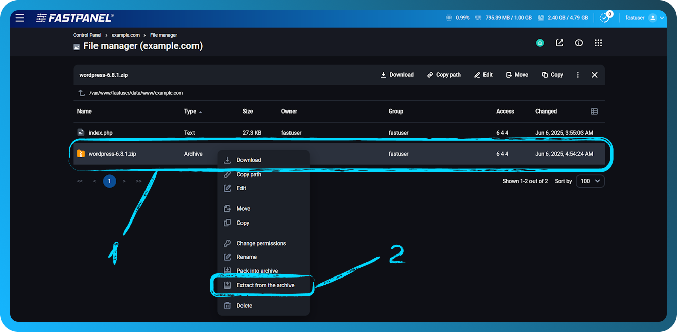 Kako instalirati wordpress u FASTPANEL-u, korak 3