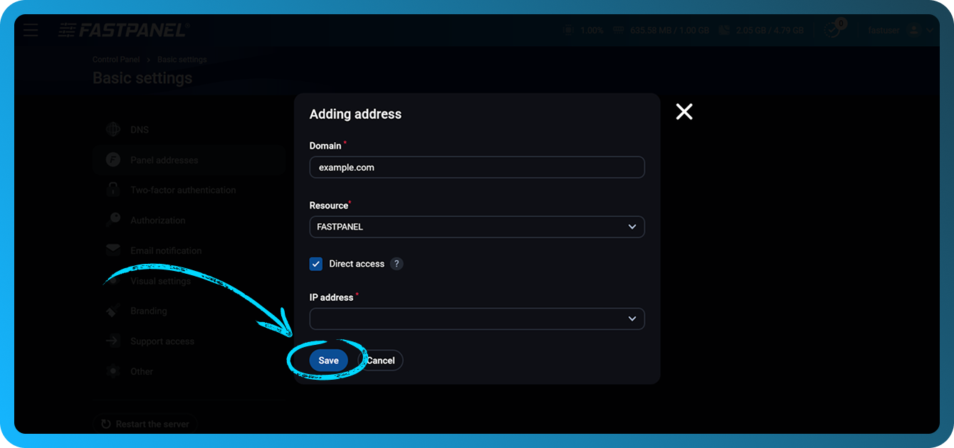 Navođenje adrese panela u FASTPANEL-u