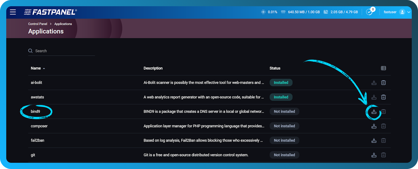 Installera DNS-servern bind(named) i FASTPANEL
