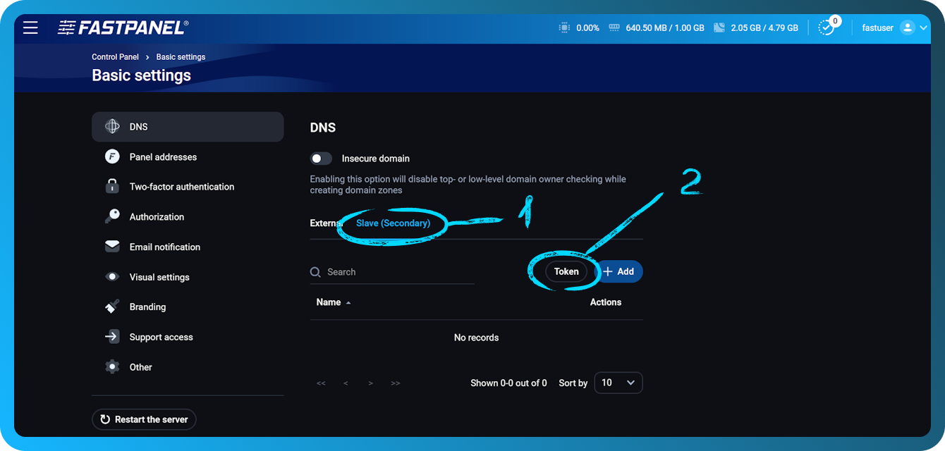 Lägg till en token för en sekundär DNS-server i FASTPANEL