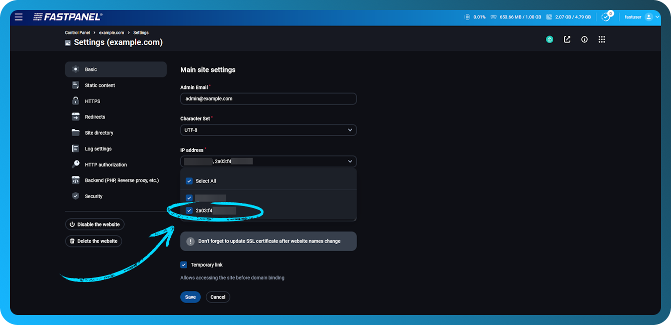 IPv6-webbplatsinställning i FASTPANEL
