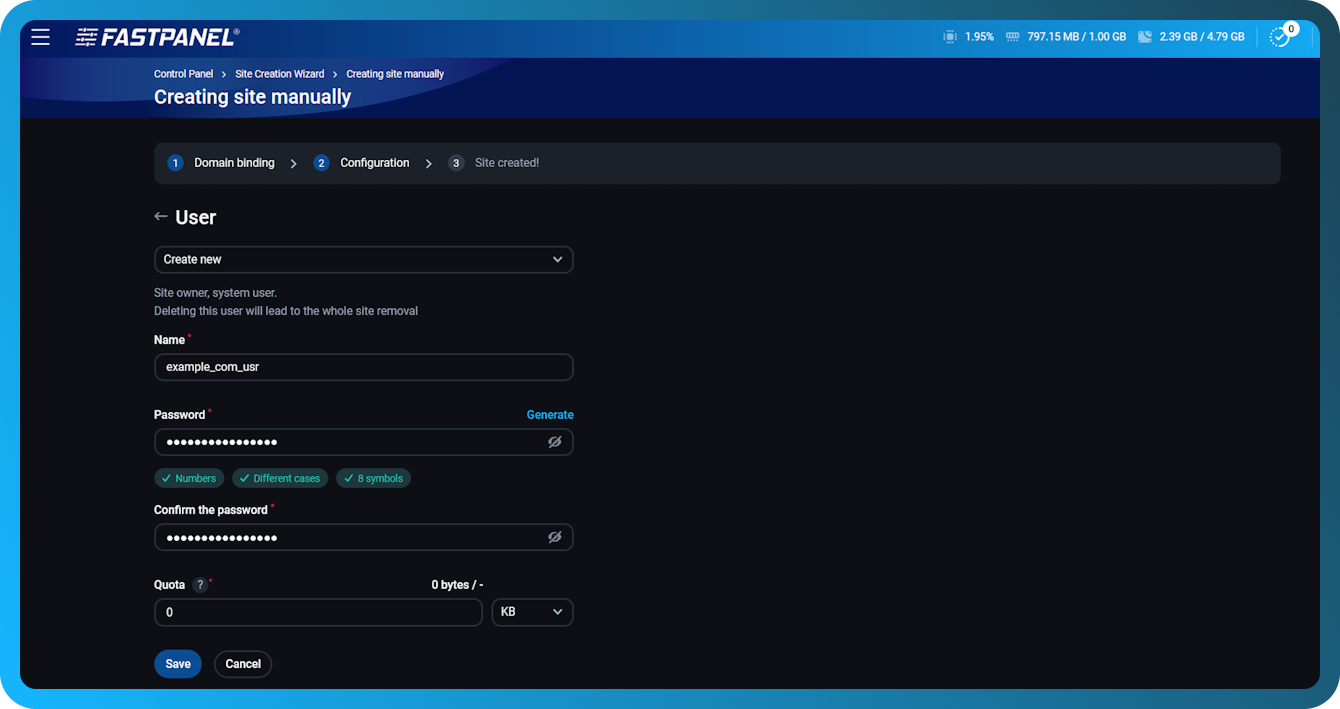 Konfigurera ny användare i guiden för att skapa webbplatser i FASTPANEL