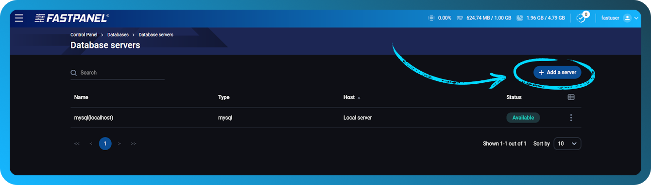 เพิ่มเซิร์ฟเวอร์ฐานข้อมูลใน FASTPANEL