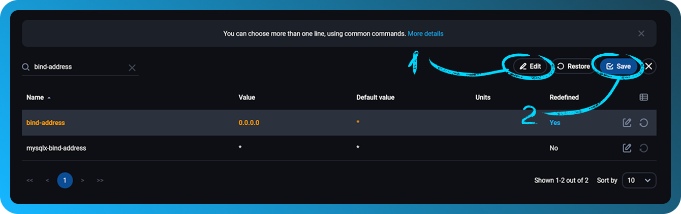 แก้ไขตัวแปร mysql bind-address ใน FASTPANEL