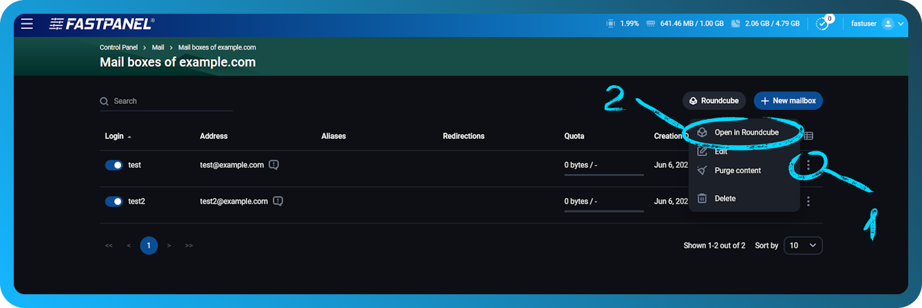 การเข้าสู่ระบบอัตโนมัติ Roundcube ใน FASTPANEL