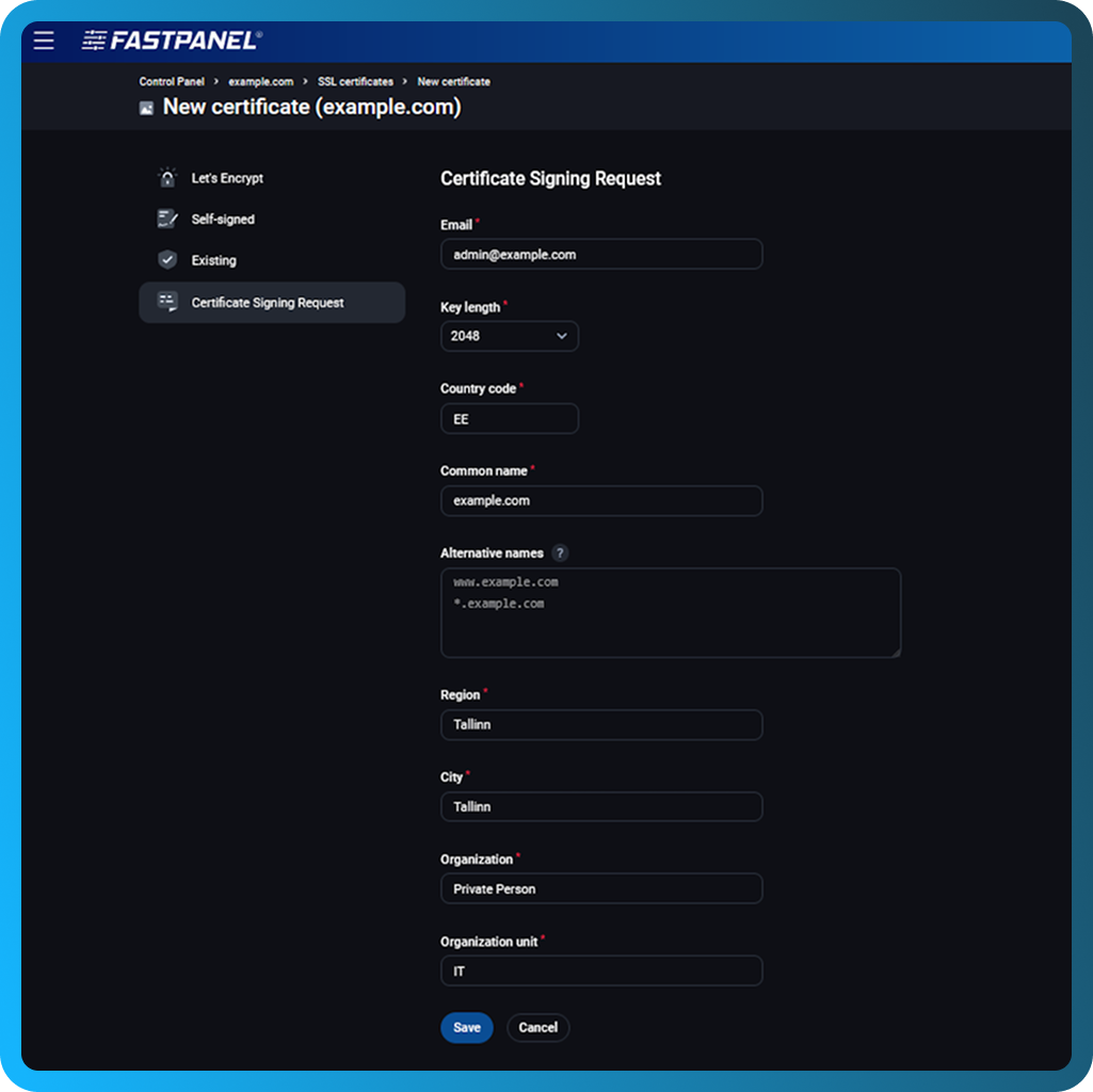 FASTPANEL'de bir web sitesi için kendinden imzalı sertifika ekleme